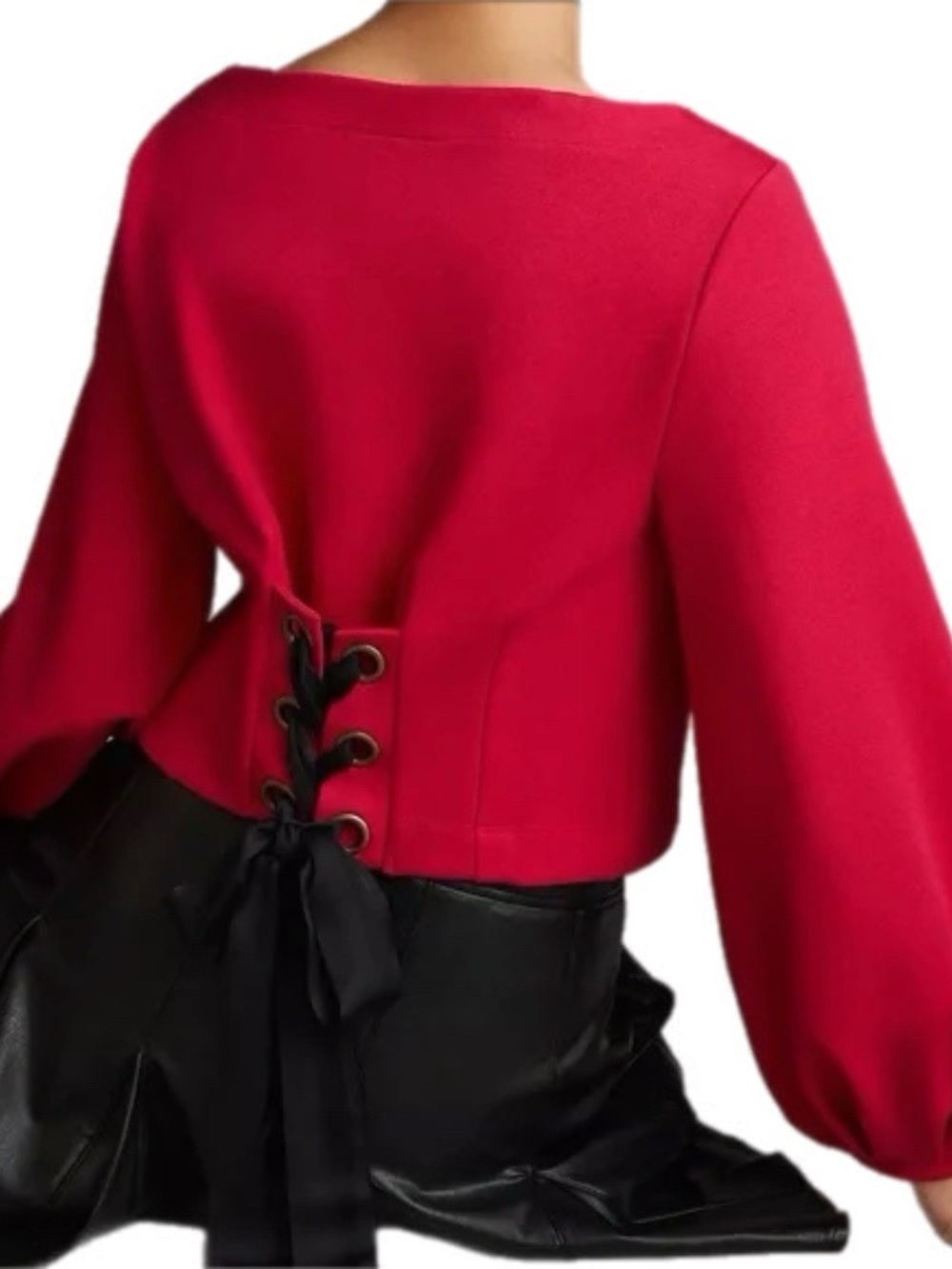 ANTHROPOLOGIE MAEVE RASPBERRY BALLOON SLEEVE TIE BACK CORSET SWEATSHIRT TOP